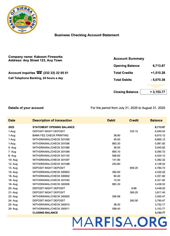 Realistic Sierra Leone Bank of Sierra Leone business checking account statement Word and PDF template